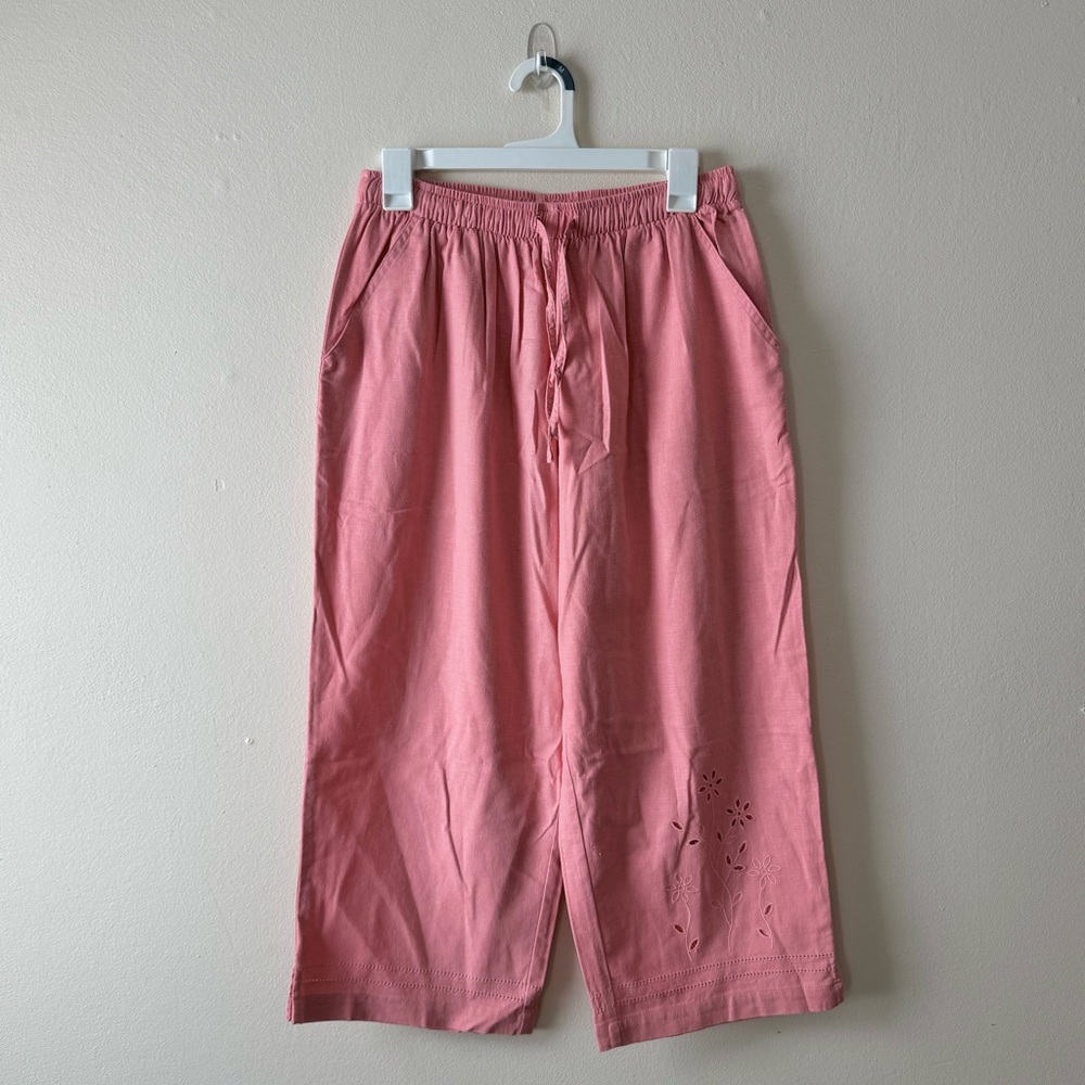 Vintage 90s Wide Leg Linen Blend Trousers with Flower Eyelet Size L